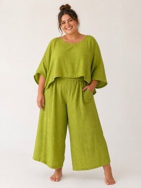 Transparente Vintage Green Striped Linen Wide-Leg Cropped Pant Set Sz. 3(XL/XXL)